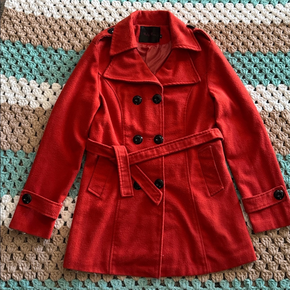 Ruby Rose Red Orange Double-Breasted Peacoat Trench Coat Jacket Womans sz Medium